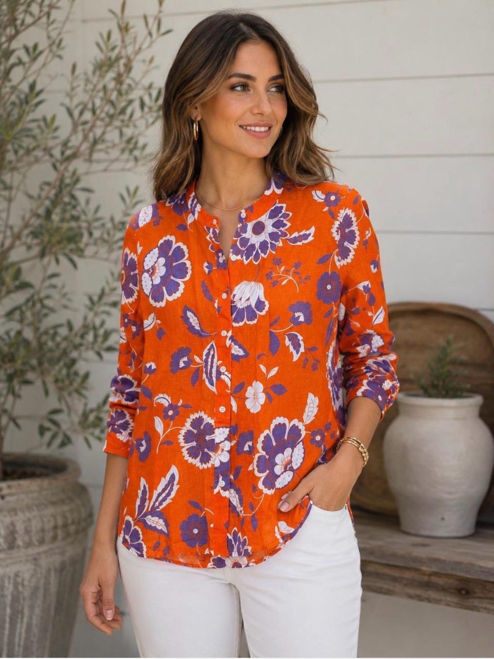 Ann Taylor 100% Linen Floral Button Front Blouse Orange Purple Size SP